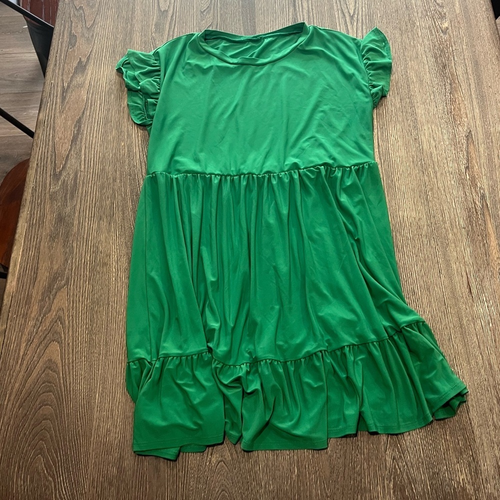Womens Tiered Babydoll Dress Cap Ruffled Sleeve Pullover Green Size Large